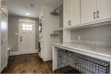 Transitional Craftsman, Laundry Room Stackable, Transitional Laundry Room, Laundry Room Storage Shelves, Small Laundry Room Organization, Craftsman Door, White Molding, Crate Ideas, Stackable Washer And Dryer