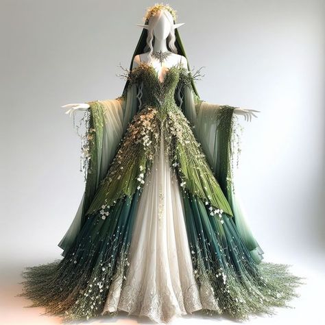 Elven Queen Dress, Forest Elf Dress, Druid Wedding Dress, Fantasy Elf Dress, Fantasy Dress Elf, Nature Themed Outfits, Green Fantasy Outfit, Green Fantasy Gown, Hand Painted Dress Ideas