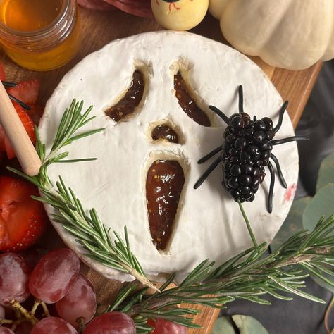 Baked Camembert Halloween, Halloween Wine And Cheese Party, Easy Halloween Cheese Board, Scream Mask Charcuterie Board, Halloween Happy Hour Food, Halloween Bachelorette Party Food, Ghost Face Charcuterie, Halloween Party Spread, Friday The 13th Food Ideas