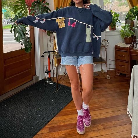 #🧦 #👙 #👚 . Hang me out 2 dry crew now available @ MaggsRags.com | Instagram Sew With Me, Patch Work Shirt, Patchwork Sweatshirt, Patchwork Clothes, Diy Tops, Patchwork Shirt, Upcycle Jeans, Altering Clothes, Upcycled Fashion