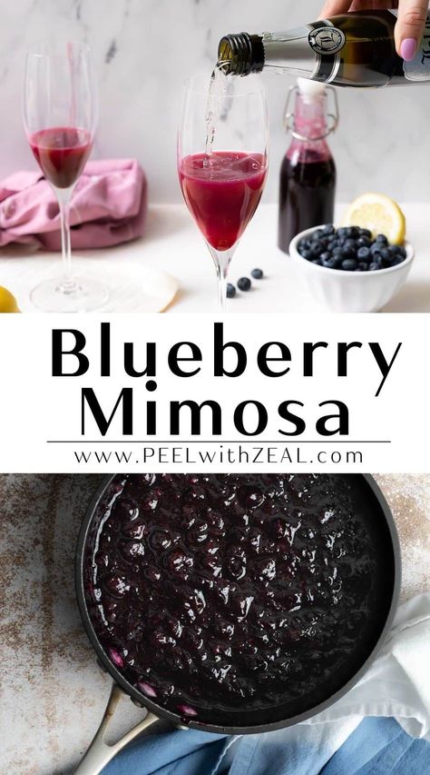 A refreshing spin on the cocktail classic, my Blueberry Mimosas are bright and lightly sweet. The perfect brunch cocktail for Mother's Day, Easter or Wedding Showers. Unique mimosa recipes. Blueberry Mimosa Recipe, Blueberry Mimosa, Mimosa Ideas, Blue Mimosa, Fall Mimosa, Mimosa Recipes, Pomegranate Mimosa, Gluten Free Cocktails, Mimosa Drink