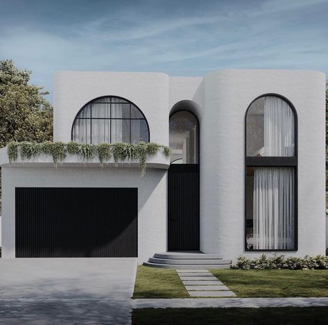 A stunning modern masterpiece coming soon to Concord. Approved under CDC. Designed by @dezcon_ | Instagram Porte In Ferro, Mediterranean Homes Exterior, Modern Mediterranean Homes, Modern Mediterranean, Facade Architecture Design, Arch House, Duplex Design, Modern House Facades, House Arch Design