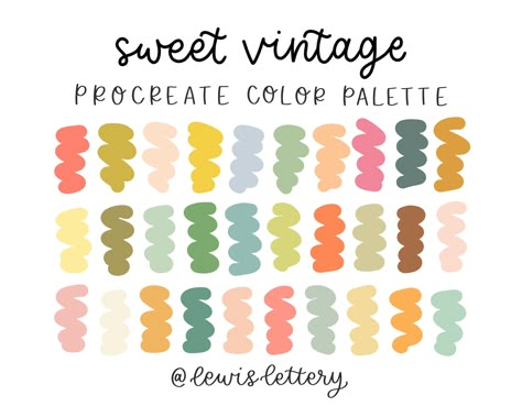 "Sweet Vintage - PROCREATE color palette *please note* palette will only open inside of the Procreate App! Take the stress out of choosing colors with this thoughtfully curated palette that includes 30 cohesive color swatches to use in Procreate. Colors were hand curated with a light, soft, bright, vintage aesthetic in mind. Includes: -A (.swatches) file compatible with the Procreate App Instructions for use: - login to Etsy through a web browser (not Etsy app) - Select your profile icon in the Colorful Capsule Wardrobe 2024, Splatoon Eyes, Vintage Procreate, Procreate Pallets, Procreate Templates, Coloring Palette, Color Journal, Dreamy Colors, Vintage Colour Palette