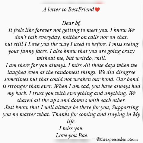 Our bond grows stronger and stronger than ever. Share with your Best friends and tell them you love them and miss them SOOO MUCHH ❤️ I Miss You Letter To Best Friend, Miss You Letters For Best Friend, Best Friend Letters Deep Short, Tell Your Friends You Love Them, Miss You Best Friend, Letters To Best Friend, Missing You Letters, Bully Quotes, Friend Letters