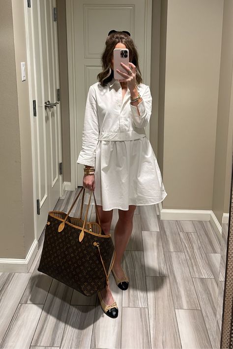 Neverfull Outfit, Louis Vuitton Neverfull Outfit, Louis Vuitton Outfit, White Long Sleeve Mini Dress, White Dress Outfit, Classic White Dress, Chanel Flats, Louis Vuitton Neverfull Gm, Bow Barrette