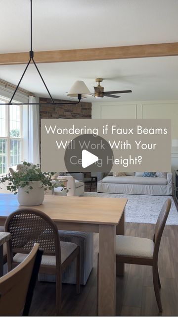 Paige | Budget DIY + Custom Carpentry + Design on Instagram: "Have faux beams been on your mind, but you weren’t sure if they’d work with your ceiling height?  Well, we wondered the same thing & decided to take a chance and just go for it! Our ceilings are 9’ and rather than the beams making the ceiling feel lower, they’ve made our ceiling feel a little taller!  These faux beams have added so much character, dimension & warmth to our main living space. I can’t imagine our home without them now!  Are you thinking of adding (faux) beams to your home?  #fauxbeams #stainedbeams #cofferedbeams" Adding Ceiling Beams, False Beams Ceilings, Faux Beam Ceiling, Faux Wood Beams Ceiling, Faux Beams Vaulted Ceiling, Fake Beams On Ceiling, Wood Beams On Ceiling, Beams Ceiling, Fake Beams Ceiling