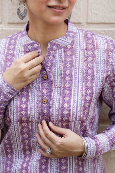 Chinese Collar Kurti, Shirt Style Kurti, Collar Kurti, White Cotton Pants, Just Magic, Short Kurti, Chinese Collar, Hand Block Print, Cotton Pants