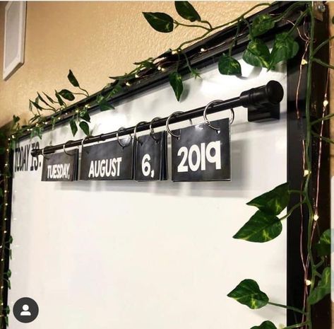 Magnetic Curtain Rod, Happy Tuesday Friends, Farmhouse Classroom, Classroom Goals, Classroom Hacks, Classroom Makeover, Magnetic Curtain, Hanging Calendar, Classroom Layout