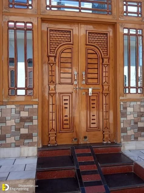 Main Door Design Ideas, Main Door Designs, Main Door Design Photos, Gate Design Ideas, Wooden Double Doors, Door Design Ideas, Door And Window Design, House Main Door, Flush Door Design