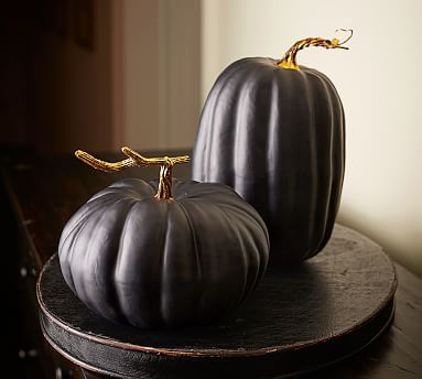 Matte Black Pumpkin #potterybarn Pumpkin Pottery, Lace Window Treatments, Black Pumpkins, Halloween Chic, Light Up Tree, Classic Christmas Decorations, Gold Pumpkins, Chic Halloween, Black Pumpkin