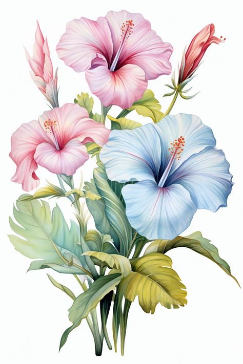 Hibiscus Drawing, Art Carte, Flower Art Images, Flower Clipart, Color Pencil Drawing, Digital Flowers, Botanical Flowers, Exotic Flowers, Hibiscus Flowers