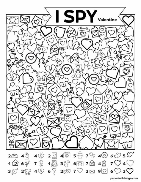 Free Printable Valentine I Spy Activity - Paper Trail Design Christmas Worksheets Kindergarten, Valentine Worksheets, Visual Tracking, Valentines Games, Christmas Worksheets, Valentine Activities, Printable Valentine, Art Therapy Activities, Valentines Printables Free