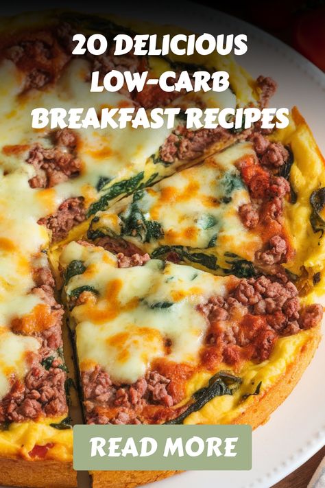 Pizza-style dish topped with cheese, ground meat, and spinach, featuring a text overlay promoting low-carb breakfast recipes. Zero Carb Breakfast Ideas, Low Carb Brunch Recipes, Avocado Breakfast Wrap, Keto Breakfast Recipes Easy, Low Carb Brunch, Breakfast Ideas Keto, Breakfast Keto Recipes, Low Carb Breakfast Ideas, Keto Brunch