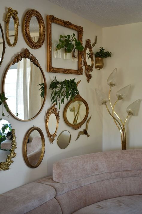 Mirror Cluster On Wall, Vintage Gold Mirror Living Room, Little Mirror Wall, Mirror Couch Living Room, Living Room Wall Diy, Gallery Wall With Mirrors And Pictures, Picture And Mirror Wall Ideas, Mirror Gallery Wall Ideas, Gold Mirror Living Room