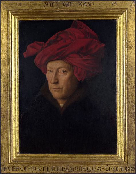 Portrait of a Man in a Turban, possible self-portrait, 1433. Jan van Eyck is the most famous member of a family of painters traditionally believed to have originated from the town of Maaseik, in the diocese of Liège. The work of the van Eycks, epitomized in the Ghent Altarpiece, brought an unprecedented realism to the themes and figures of late medieval art. Arnolfini Portrait, Red Turban, Jan Van Eyck, Van Eyck, In Bruges, Caspar David Friedrich, Dutch Golden Age, Johannes Vermeer, European Paintings