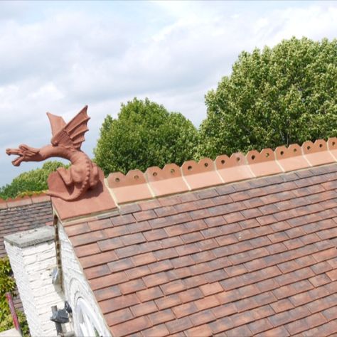 This was a very special commission for a London based customer. The customer was refurbishing their property and as part of the works the roof was to be stripped off and reroofed with new tiles featuring decorative redbank clay double crested ridge tiles and a matching finial Roof Finials, Ridge Tiles, Clay Roofs, Colour Match, Architectural Details, Roof Design, Pitched Roof, The Roof, The Works