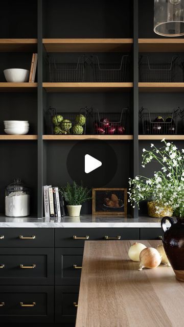 Studio McGee on Instagram: "We love a hidden door, and this one into the pantry is one of our best yet. The moody color is such a contrast from the light tones in the kitchen, making it even more of a fun surprise. #SMWatersEdge" Moody Pantry Ideas, Studio Mcgee Pantry, Butlers Pantry With Fridge, Moody Pantry, Pantry With Fridge, Mcgee And Co, Butlers Pantry, Kitchen Pantry Design, Butler Pantry