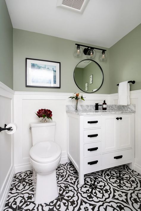 Curle Avenue Powder Room | Curle Avenue Sage Powder Room, Sage Green Powder Room, Green Powder Room, Alter Design, Small Half Bathroom, Faux Wainscoting, Navy Bathroom, Diy Bathroom Makeover, Patterned Tile