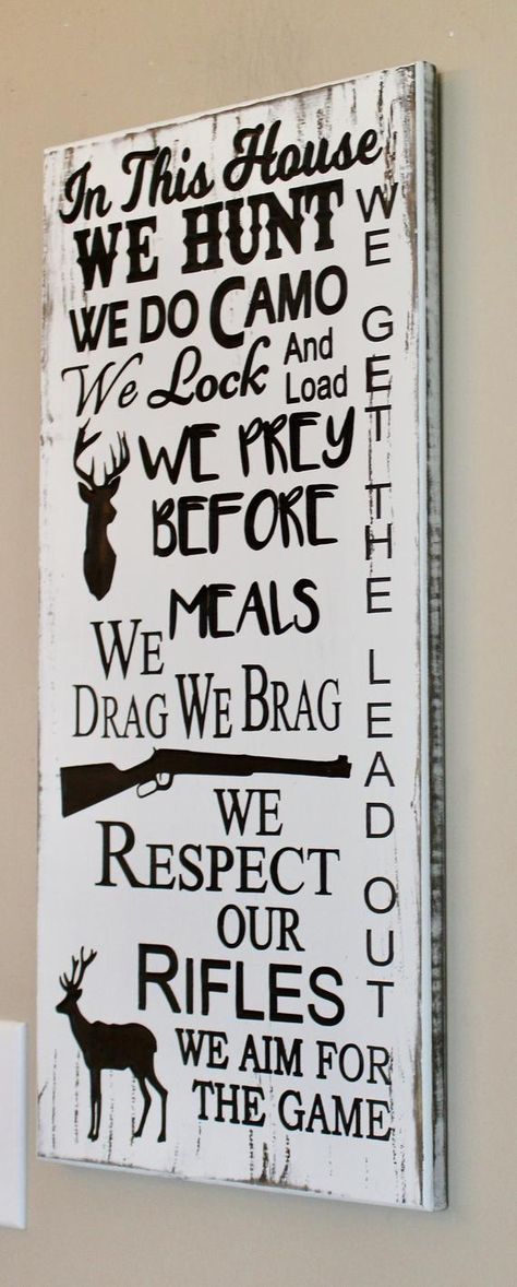 In This House We Hunt Sign Hunting Decor Hunting Gifts | Etsy Hunting Themed Bedroom, Deer Hunting Decor, Hunting Crafts, Hunting Cabin Decor, Rustic Family Room, Hunting Signs, Deer Signs, Hunting Decor, Making Signs On Wood