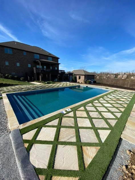 Turf And Paver Pool Deck, Pavers Turf Around Pool, Turf Paver, Artificial Turf Backyard, Porch Goals, Cabin Backyard, Turf Backyard, Patio Remodel, No Grass Backyard