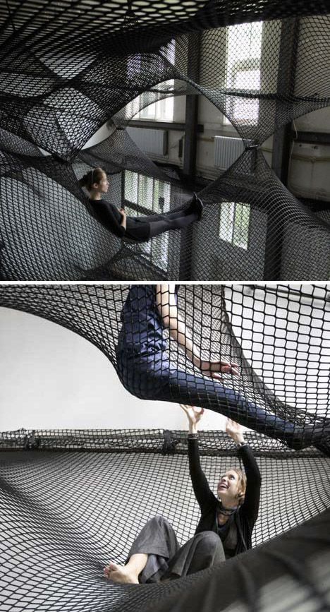 Net Installation consists of multiple layers of flexible nets suspended in the air, creating a floating landscape   WANT.THIS Net In House, Floating Landscape, Loft Net, Flexible Architecture, Net Installation, Backyard Toys, Hanging Bed, Hidden Rooms, Trampolines