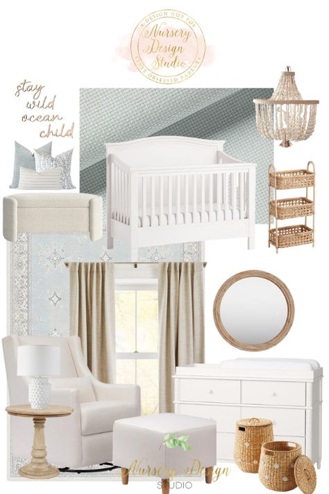 COASTAL NURSERY | BLUE NURSERY | OCEAN THEMED NURSERY Coastal Cottage Nursery, Beachy Nursery, Timeless Nursery, Striped Accent Wall, Coastal Color Scheme, Nursery Design Board, Nursery Ocean, Nursery Color, Twins Nursery