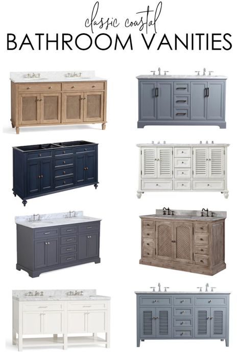 A collection of classic coastal bathroom vanities for a variety of budgets! Includes louvered bath vanities, driftwood vanities, gray bathroom vanities, white bath vanities and much more! Coastal Bathroom Vanity, Beautiful Bathroom Vanity, Guest Bathroom Renovation, Life On Virginia Street, Coastal Bathroom, Grey Bathroom Vanity, Classic Coastal, Coastal Bathrooms, Classic Bathroom