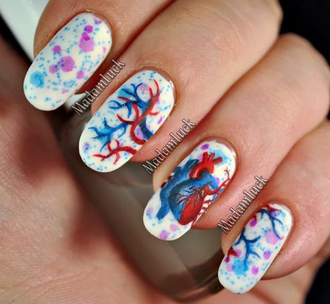 Heart Anatomy Manicure by Madamluck Nurse Nails, Heart Diagram, Heart Nail Art, Nail Art Brushes, Heart Nails, Valentines Nails, Mani Pedi, How To Do Nails, Beautiful Nails