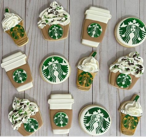 Starbucks Cookies Decorated, Coffee Sugar Cookies, November Party, Chai Latte Cupcakes, Retirement Cookies, Birthday Preppy, Starbucks Birthday Party, Starbucks Crafts, Starbucks Cookies