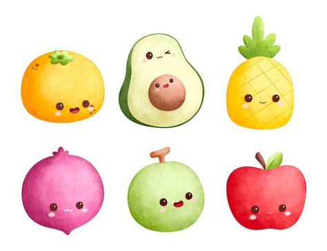 Vector watercolor illustration set of cu... | Premium Vector #Freepik #vector #cute-drawing #cute #cute-illustration #cute-watercolor Fruits Cute Drawing, Fruit Character, Happy Fruit, Fruits Drawing, Cute Fruit, June 2024, Cute Food, Watercolor Illustration, Character Illustration