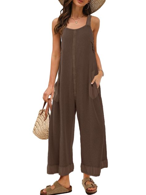 PRICES MAY VARY. Material: one piece jumpsuits for women casual is made by high quality cotton waffle material, which are soft, skin-friendly, flexible and breathable. Womens jumpsuit sleeveless providing unmatched comfort throughout the day Features: oversized jumpsuits for women casual featuring a square neckline, dropped armholes, and an open-back design with a charming tie closure. The addition of pouch pockets adds both functionality and style to this versatile piece Fit: this womens jumpsu Jumpsuits For Women Casual, Womens Rompers, Oversized Jumpsuit, Wide Leg Jumpsuits, Overalls Outfit, Boho Clothes, Knit Romper, Short Women Fashion, Loose Jumpsuit