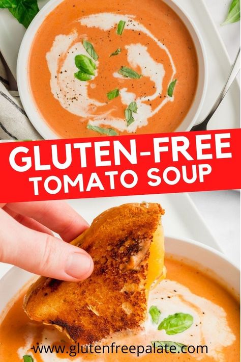 An easy recipe for the perfect, creamy gluten free tomato soup that's ready in five minutes. Dairy-free option included. Gf Tomato Soup, Gluten Free Tomato Bisque Soup, Tomato Soup Gluten Free, Gluten Free Tomato Basil Soup, Homemade Tomato Soup Gluten Free, Tomato Soup With Fresh Tomatoes Dairy Free, Easy Tomato Soup Recipe Dairy Free, Easy Gluten Free Soup, Tomato Bisque Soup Dairy Free