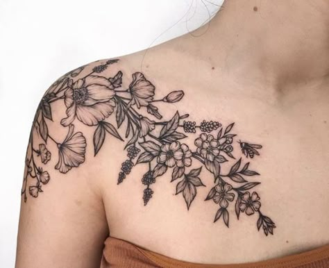 Edgy Shoulder Tattoos, Coverup Collar Bone Tattoos, Woodland Flower Tattoo, Ivy Shoulder Tattoo, Botanical Chest Tattoo, Floral Collarbone Tattoo, Leaves Shoulder Tattoo, Collar Bone Cover Up Tattoo, Botanical Shoulder Tattoo