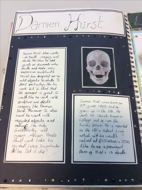 As I was looking at skull studies I decided to do a mini artist study on Damien Hurst. Damien Hurst, Skull Studies, Artist Research Page, Artist Research, Artist Study, Gcse Art Sketchbook, Damien Hirst, Gcse Art, Bullet Journal Ideas Pages