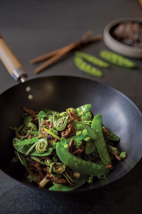 Beef Stir-Fry with Fiddleheads and Spring Vegetables Beef And Mixed Vegetables Stir Fry, Jalapeno Beef Stir Fry, Basil Beef Stir Fry, Beef And Bitter Melon Stir Fry, Trader Joe’s Stir Fry, Ginger Muffins, Vegan Detox, Easy Stir Fry, Fried Beef