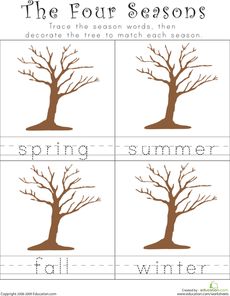 Seasons Worksheet...Have students add to the trees according to the season (i.e. green leaves, apples, blooming flowers, or ice/snow) Seasons Kindergarten, Seasons Preschool, Seasons Worksheets, Weather Theme, Kindergarten Worksheets Free Printables, Seasons Activities, Free Kindergarten Worksheets, Worksheets For Kindergarten, Printables Free Kids