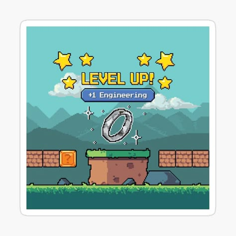 Get my art printed on awesome products. Support me at Redbubble #RBandME: https://www.redbubble.com/i/sticker/Level-Up-1-Engineering-by-janetbwilson/67064980.EJUG5?asc=u Level Up Illustration, Time To Level Up, Pixel Art Sticker, Pixel Game, Retro Games Pixel, Pixel Poster, Game Level Design, Game Interface, Pixel Games