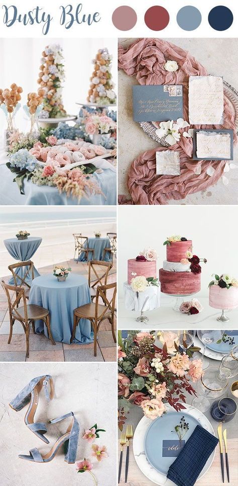 Dusty blue is a very popular color for weddings those days. It took the wedding industry by storm. Dusty Blue Earth Tones Wedding, Spring Wedding Navy Blue Color Schemes, Dusty Blue Summer Wedding Theme, Dusty Rose And Blue Color Palette, Dust Blue And Pink Wedding, Burgundy Light Blue Color Palette, Wedding Dresses Beach Wedding Dress, Dusty Blue And Dusty Rose Wedding Theme, Wedding Color Schemes Dusty Blue