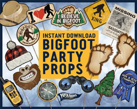 Sasquatch Birthday Party Ideas, Cryptid Party, Bigfoot Party, Photo Booth Printables, Bigfoot Birthday, Photo Booth Party, Sasquatch Gifts, Diy Photo Booth, Camping Theme