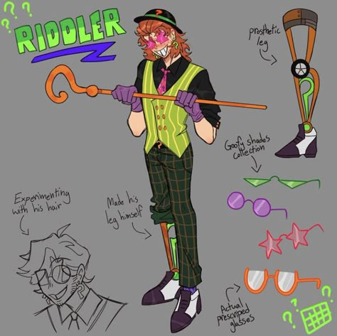 Batman Villains Redesign, Riddler Redesign, Villain Ideas Character Design, Villain Design Concept Art, Riddler Design, Joker Redesign, The Riddler Fanart, Female Riddler, Riddler Fanart