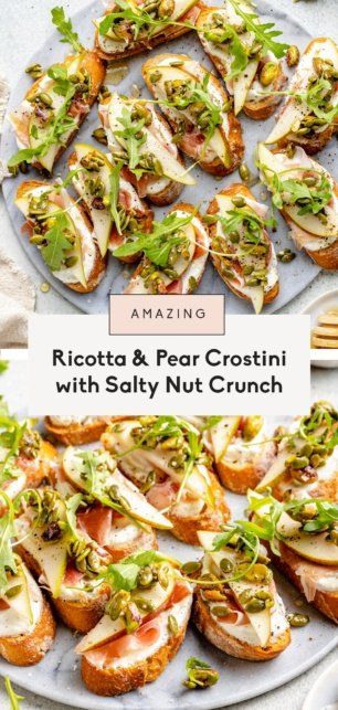 Pistachio Crunch, Pear Crostini, Prosciutto Appetizer, Appetizer Christmas, Bruschetta Appetizer, Ricotta Crostini, Raw Pumpkin Seeds, Ambitious Kitchen, Savory Appetizer