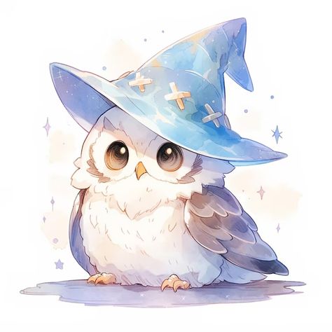 Premium Photo | Cute Watercolor Painting of A Kawaii Chibi Owl with Wizard Hat Chibi Owl, Cute Watercolor Painting, Wizard Hat, Painting Pictures, Photo Cute, Cute Watercolor, Kawaii Chibi, Mythical Creatures Art, Kawaii Animals