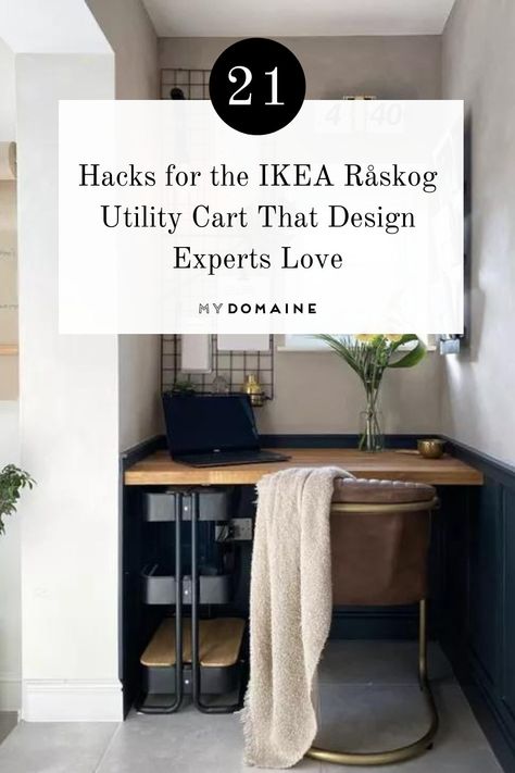 It's easy to see how IKEA's Råskog Utility Cart has become a fan-favorite. Ahead, we share 21 clever ways you can use this cart at home. Ikea Cart Hack, Ikea Home Office Storage, Ikea Trolley Hack, Raskog Cart Bedroom, Ikea Rolling Cart Ideas, Ikea Raskog Cart Ideas, Ikea Cart Nightstand, Utility Cart Ideas Bedroom, Diy Utility Cart