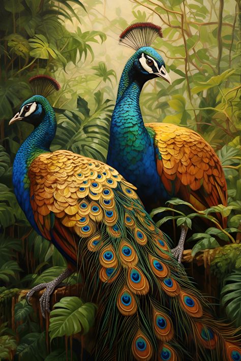 Beautiful golden peacock painting. Check it out today. Two Peacock Painting, Two Peacocks Drawing, Peacock Images Beautiful, Ppl Drawings, Peacock Portrait, Wallpaper Krishna, Peacock Photography, Exotic Paintings, Peacock Artwork