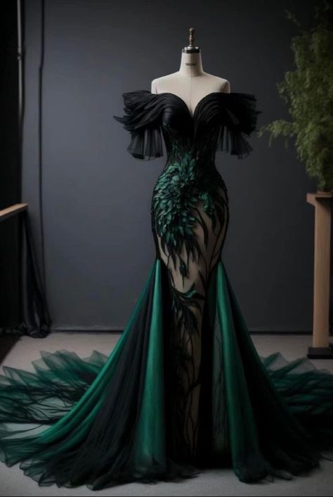 Villian Dress Aesthetic, Black And Green Fantasy Dress, Dark Green And Black Dress, Black And Green Dress Gowns, Fantasy Villain Aesthetic Outfits, Black And Green Gown, Green And Black Wedding Dress, Black And Green Wedding Dress, Green Fantasy Gown