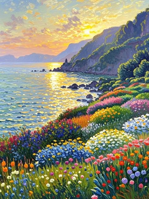 Landscape Art Mountains, Arbitrary Color Art, Landscape Painting Ideas On Canvas, Pretty Things To Paint, Painting Ideas Sea, Spring Art Painting, Landscape Oil Paintings, Landscape Painting Ideas, Landscape Painting