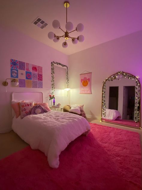 Pink Rug In Bedroom, Hot Pink Rug Bedroom, Hot Pink Bedroom Aesthetic Preppy, Hot Pink Aesthetic Room Decor, Hot Pink Room Decor Bedroom Ideas, Pink Bedrooms Aesthetic, White And Hot Pink Bedroom, Hot Pink Preppy Room, Hot Pink Room Ideas