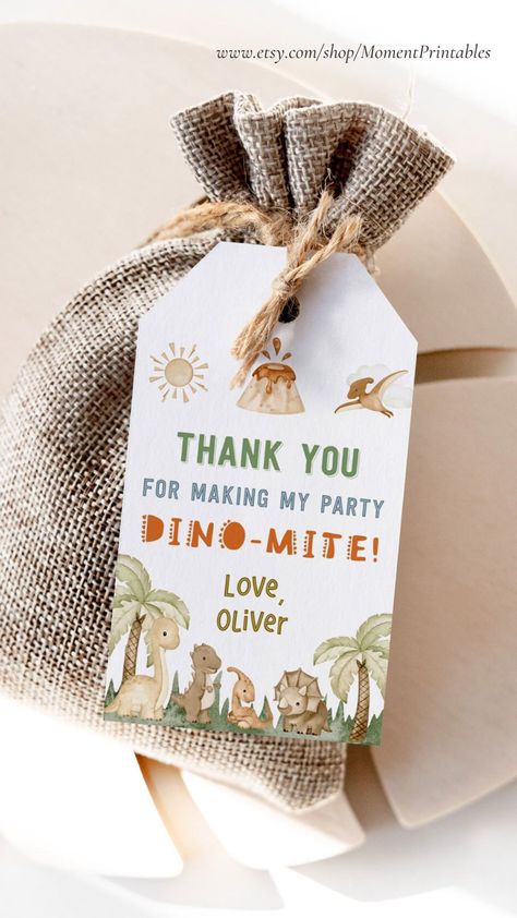 Easy-to-make DIY 1st birthday favor tags Oneasaurus Birthday Party, Dino Birthday Party Ideas, Dinosaur 1st Birthday, Dinosaur Party Invitations, Dinosaur Birthday Theme, Dino Theme, 1st Birthday Favors, Dinosaur Birthday Party Invitations, 2nd Birthday Party For Boys