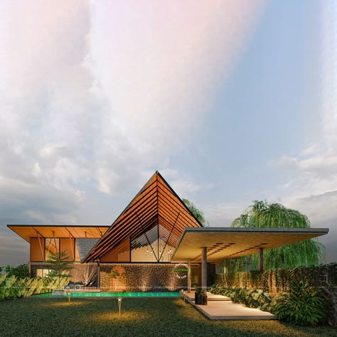 Mixed roof tropical luxury house Sloping Roof Elevation, Tropical Luxury House, Slope Roof Elevation, Sloping Roof Architecture, Tropical House Exterior, Tropical Architecture Design, Villa Facade Design, Slope Roof, Tropical Houses Architecture