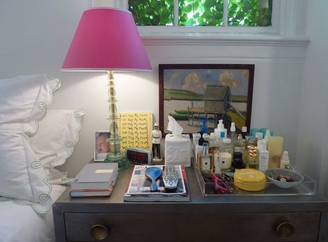 Cluttered Nightstand Aesthetic, Double Nightstand Decor, Top Of Nightstand Organization, Rita Konig, Lucite Tray, Uni Room, Bedroom Chest, Dream Apartment, First Apartment